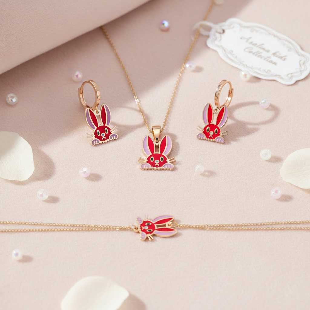 Gold Bunny Pendant, Earrings, & Bracelet Set