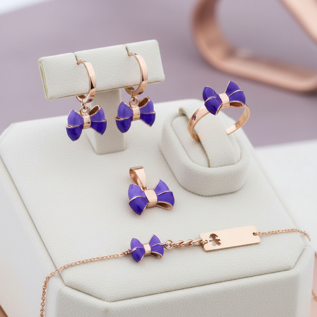 Purple Bow Pendant, Earrings, Bracelet, & Ring Set