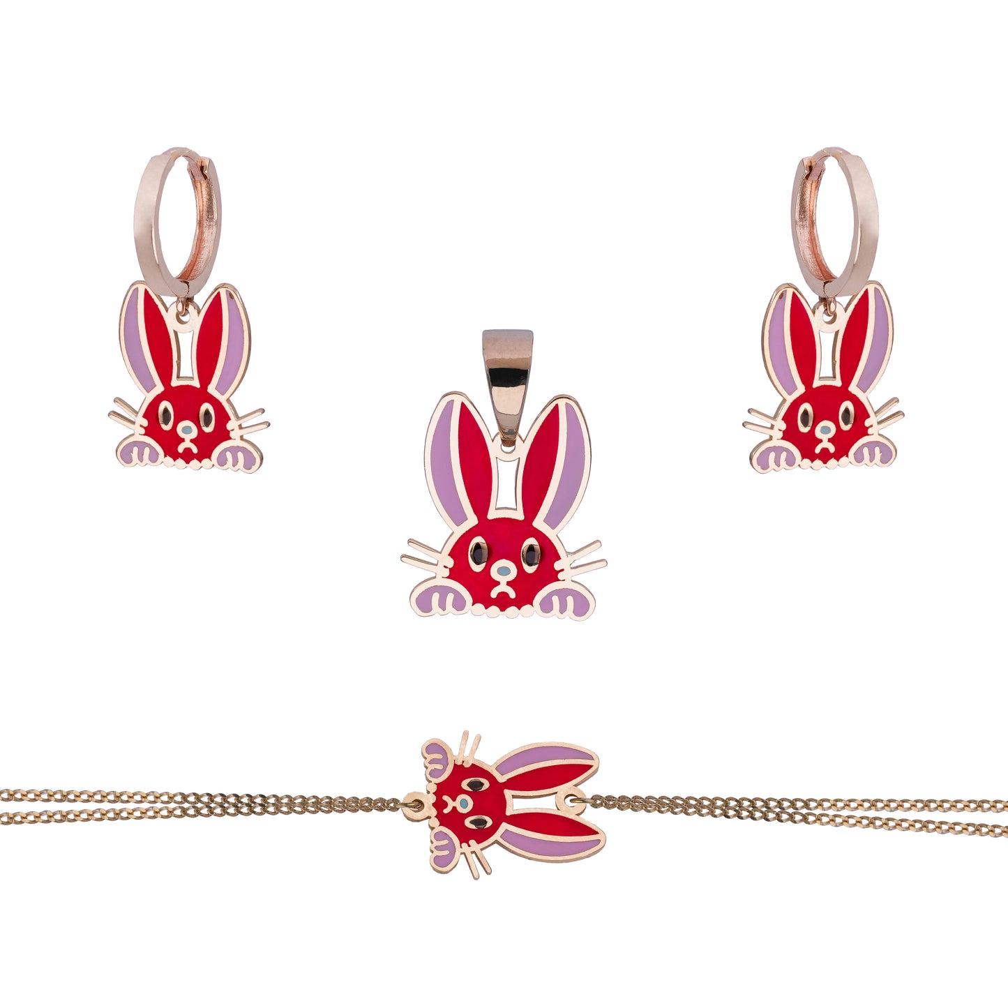 Gold Bunny Pendant, Earrings, & Bracelet Set