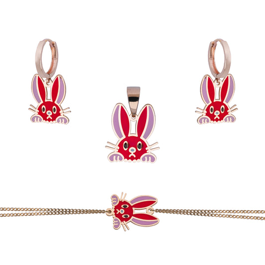 Gold Bunny Pendant, Earrings, & Bracelet Set