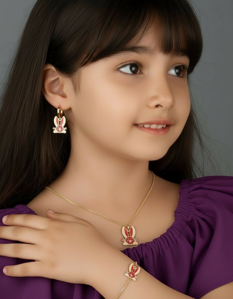 Gold Bunny Pendant, Earrings, & Bracelet Set