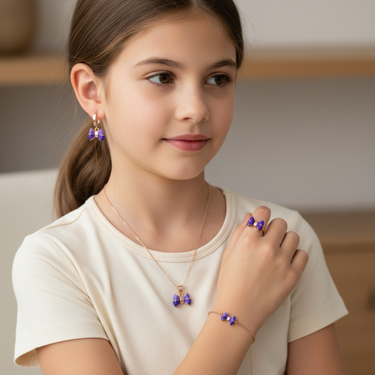 Purple Bow Pendant, Earrings, Bracelet, & Ring Set